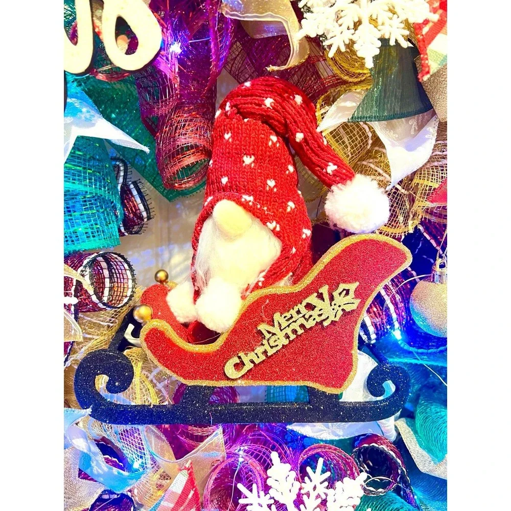 Handmade Christmas Gnome in Sleigh Holiday Ribbon Door Wreath 26 ins LED XLW3